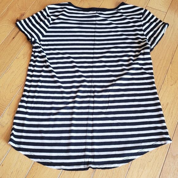 🔺️Halogen Black & Tan Striped Linen Blend Short Sleeve Top Medium - Picture 2 of 8